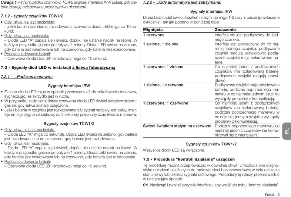 dopóki nie ustanie nacisk na listwę. W każdym przypadku gaśnie po upływie minuty. Dioda LED świeci na zielono, gdy bateria jest naładowana lub na czerwono, gdy bateria jest rozładowana.