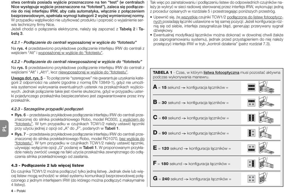 Jeżeli chodzi o połączenia elektryczne, należy się zapoznać z Tabelą i Tabelą. 4.. - Podłączenie do centrali wyposażonej w wyjście do fototestu Na rys.