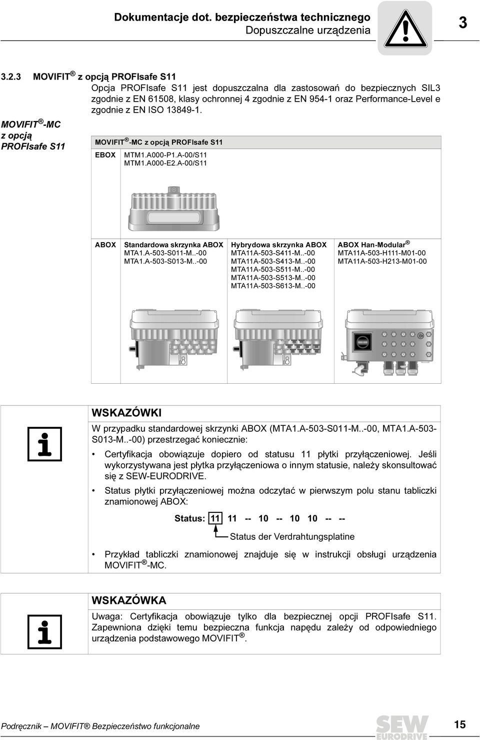 EN ISO 13849-1. MOVIFIT -MC z opcją PROFIsafe S11 MOVIFIT -MC z opcją PROFIsafe S11 EBOX MTM1.A000-P1.A-00/S11 MTM1.A000-E2.A-00/S11 ABOX Standardowa skrzynka ABOX MTA1.A-503-S011-M..-00 MTA1.