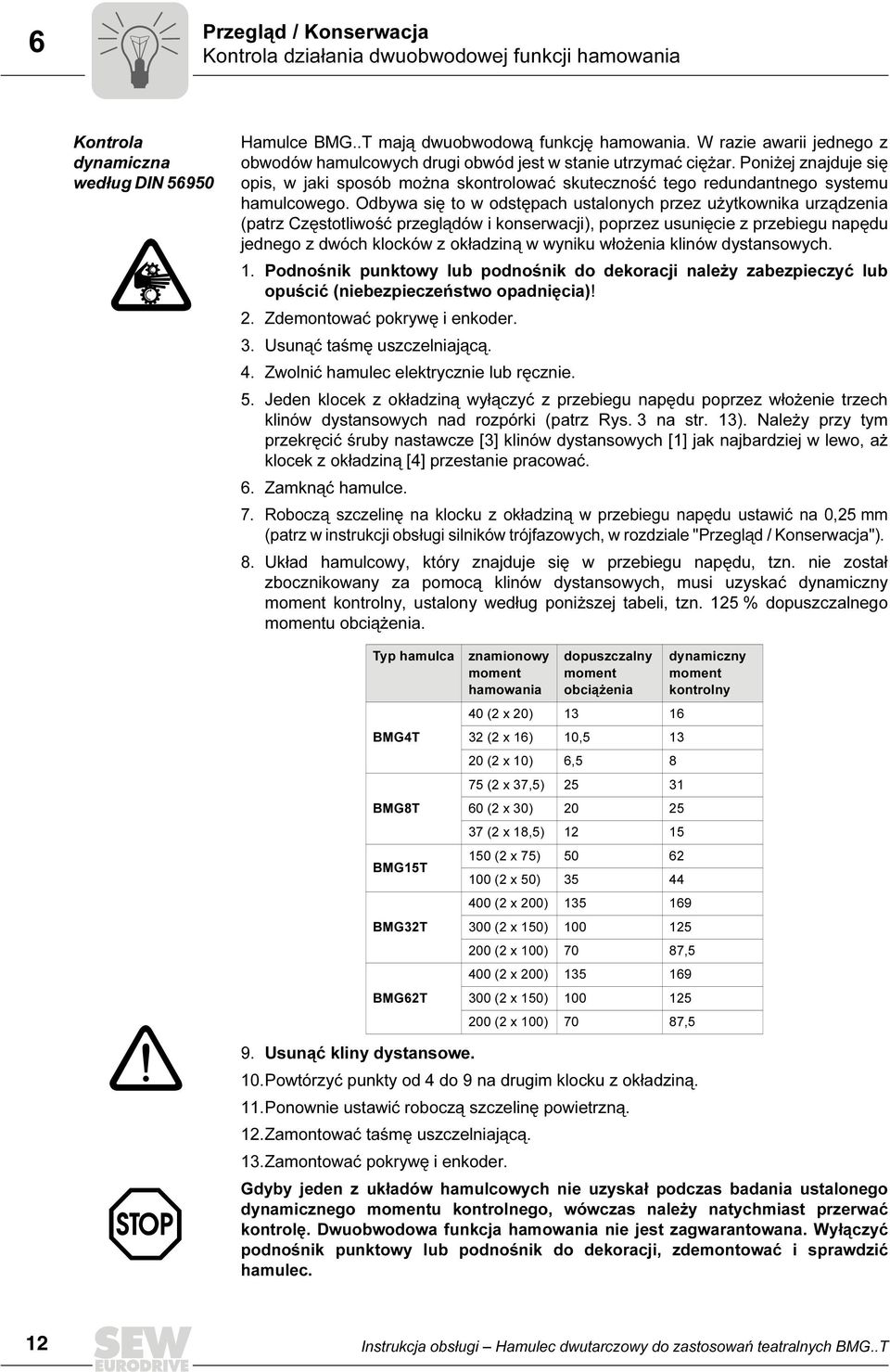 Odbywa się to w odstępach ustalonych przez użytkownika urządzenia (patrz Częstotliwość przeglądów i konserwacji), poprzez usunięcie z przebiegu napędu jednego z dwóch klocków z okładziną w wyniku
