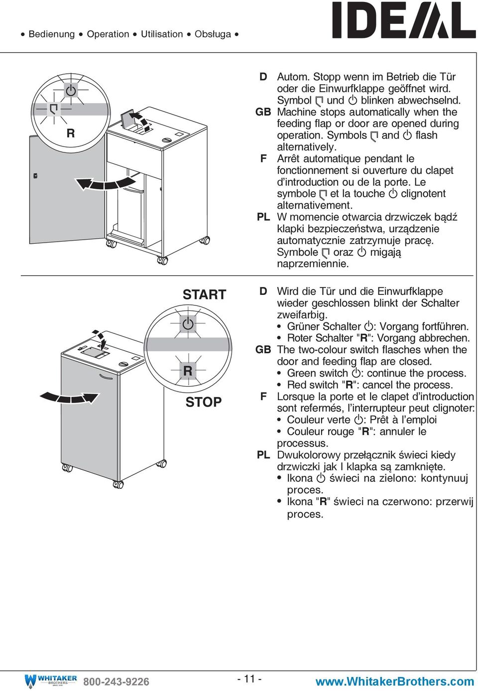 F Arrêt automatique pendant le fonctionnement si ouverture du clapet d introduction ou de la porte. Le symbole et la touche clignotent alternativement.