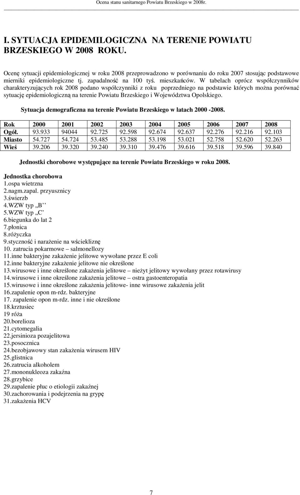 W tabelach oprócz współczynników charakteryzujących rok 2008 podano współczynniki z roku poprzedniego na podstawie których moŝna porównać sytuację epidemiologiczną na terenie Powiatu Brzeskiego i