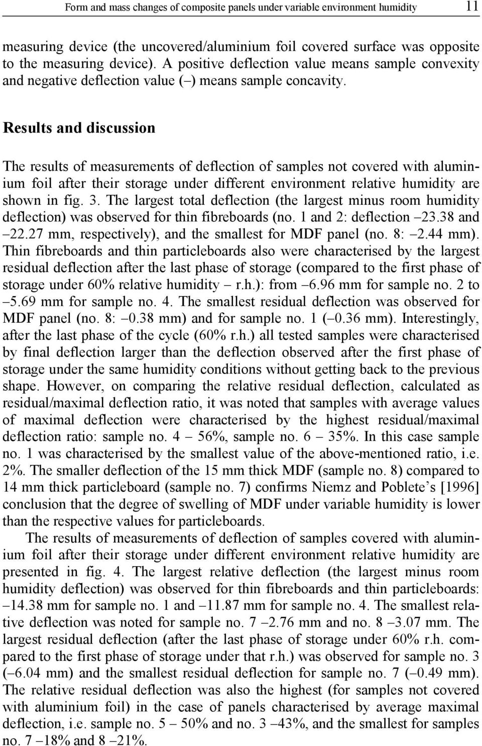 Results and discussion The results of measurements of deflection of samples not covered with aluminium foil after their storage under different environment relative humidity are shown in fig. 3.