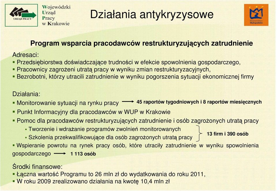 Informacyjny dla pracodawców w WUP w Krakowie Pomoc dla pracodawców restrukturyzujących zatrudnienie i osób zagroŝonych utratą pracy Tworzenie i wdraŝanie programów zwolnień monitorowanych Szkolenia