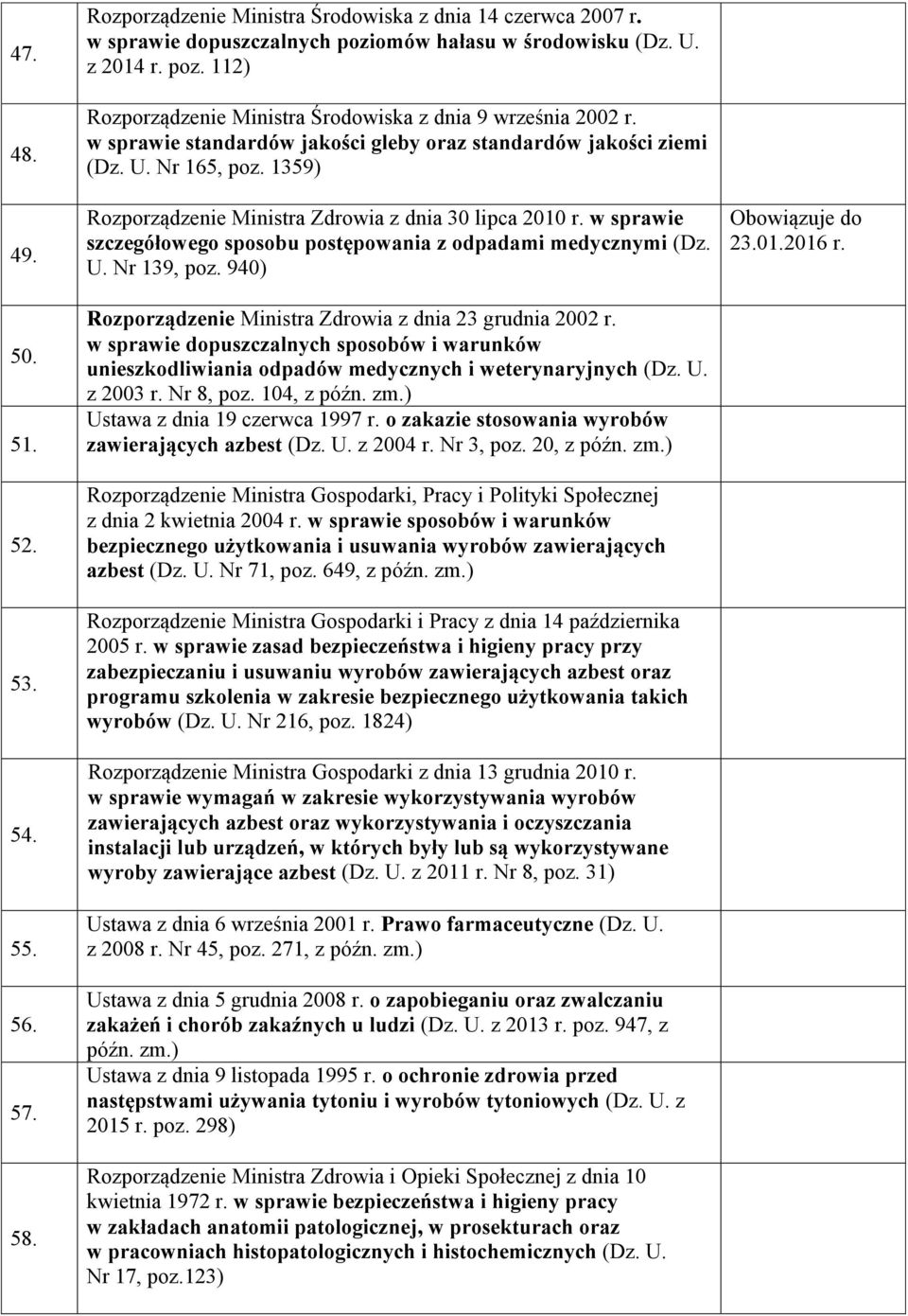 1359) Rozporządzenie Ministra Zdrowia z dnia 30 lipca 2010 r. w sprawie szczegółowego sposobu postępowania z odpadami medycznymi (Dz. U. Nr 139, poz.