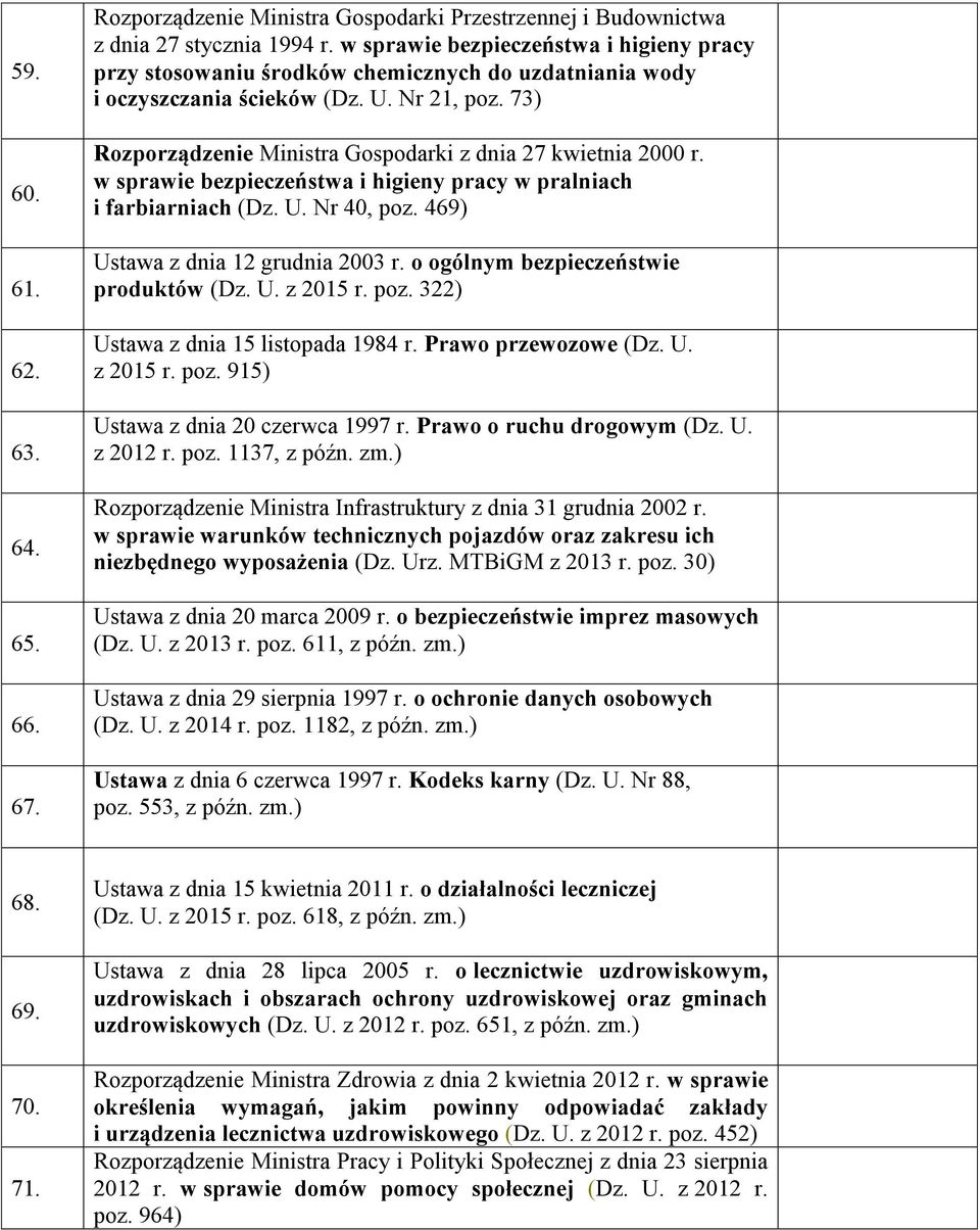 73) Rozporządzenie Ministra Gospodarki z dnia 27 kwietnia 2000 r. w sprawie bezpieczeństwa i higieny pracy w pralniach i farbiarniach (Dz. U. Nr 40, poz. 469) Ustawa z dnia 12 grudnia 2003 r.