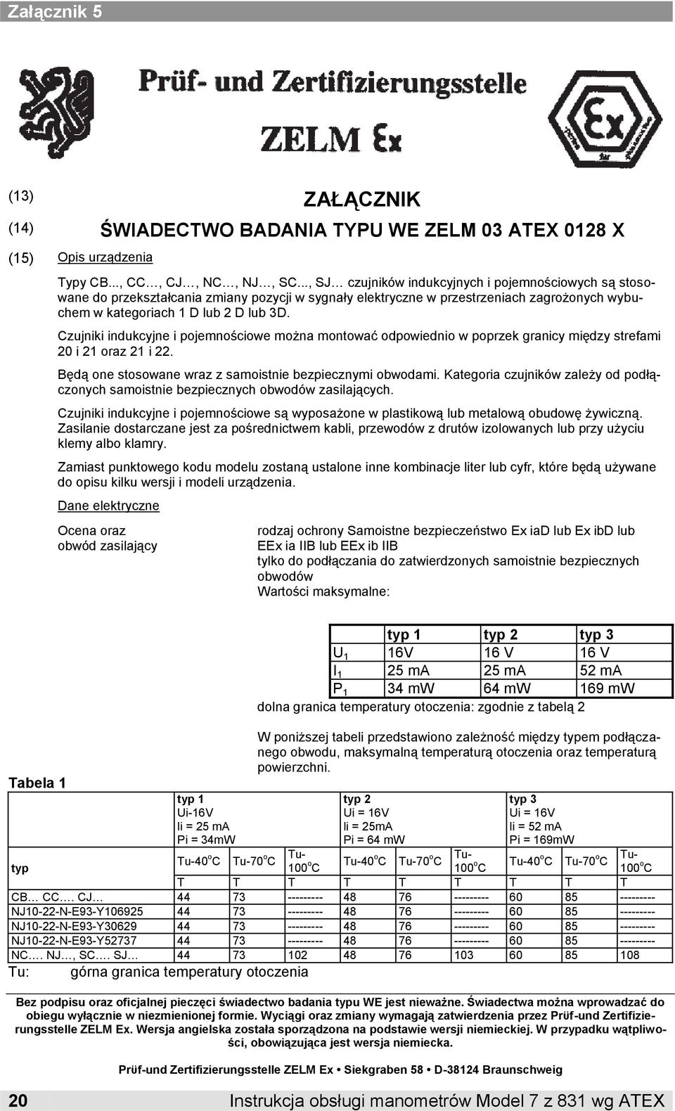 Czujniki indukcyjne i pojemnościowe można montować odpowiednio w poprzek granicy między strefami 20 i 21 oraz 21 i 22. Będą one stosowane wraz z samoistnie bezpiecznymi obwodami.