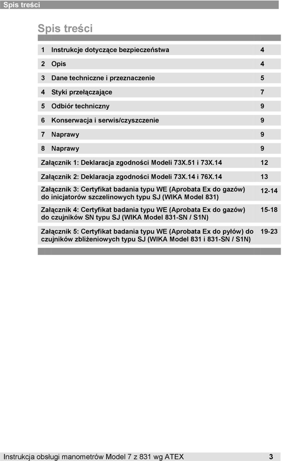 14 13 Załącznik 3: Certyfikat badania typu WE (Aprobata Ex do gazów) do inicjatorów szczelinowych typu SJ (WIKA Model 831) Załącznik 4: Certyfikat badania typu WE (Aprobata Ex do gazów) do