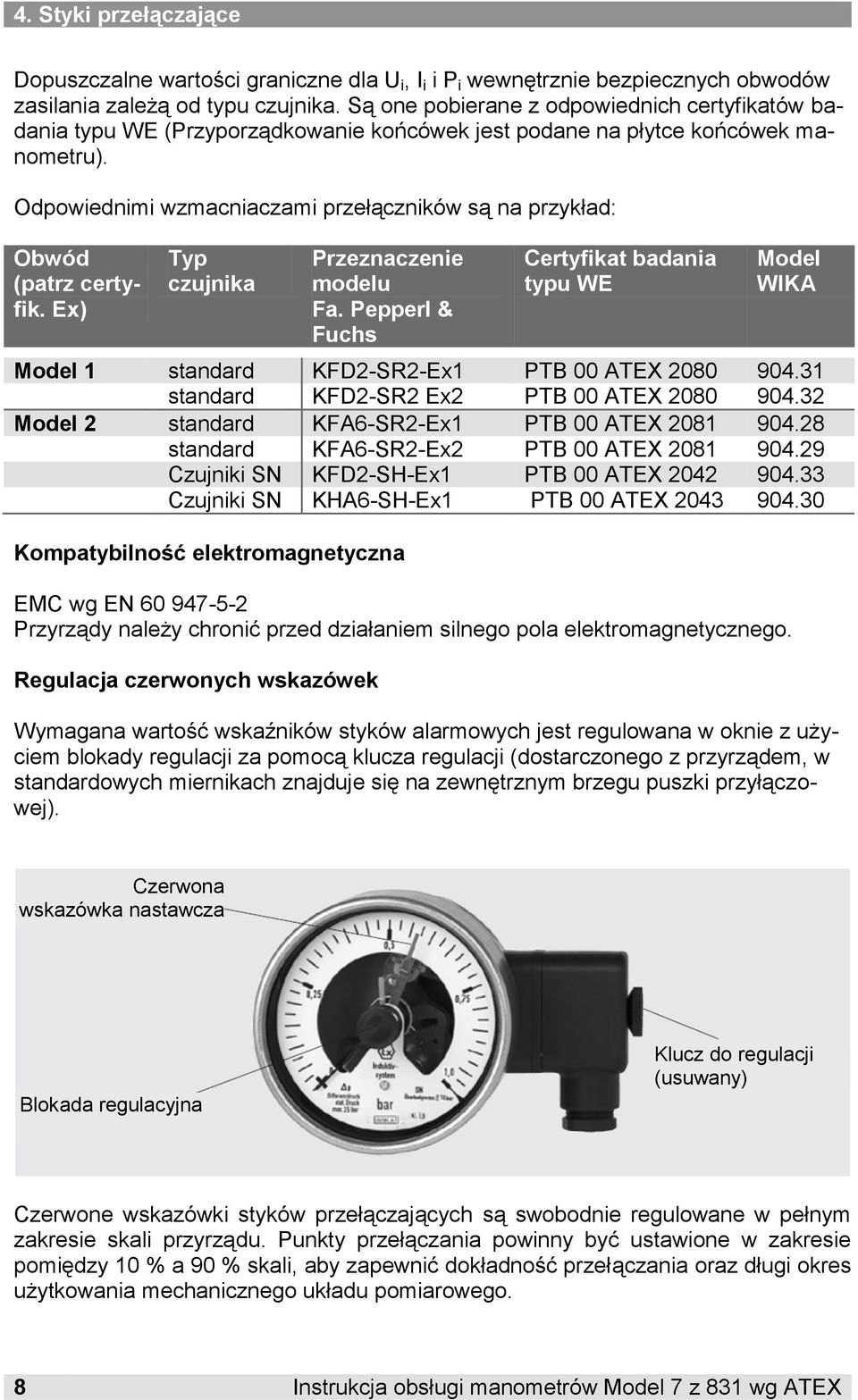 Odpowiednimi wzmacniaczami przełączników są na przykład: Obwód (patrz certyfik. Ex) Typ czujnika Przeznaczenie modelu Fa.