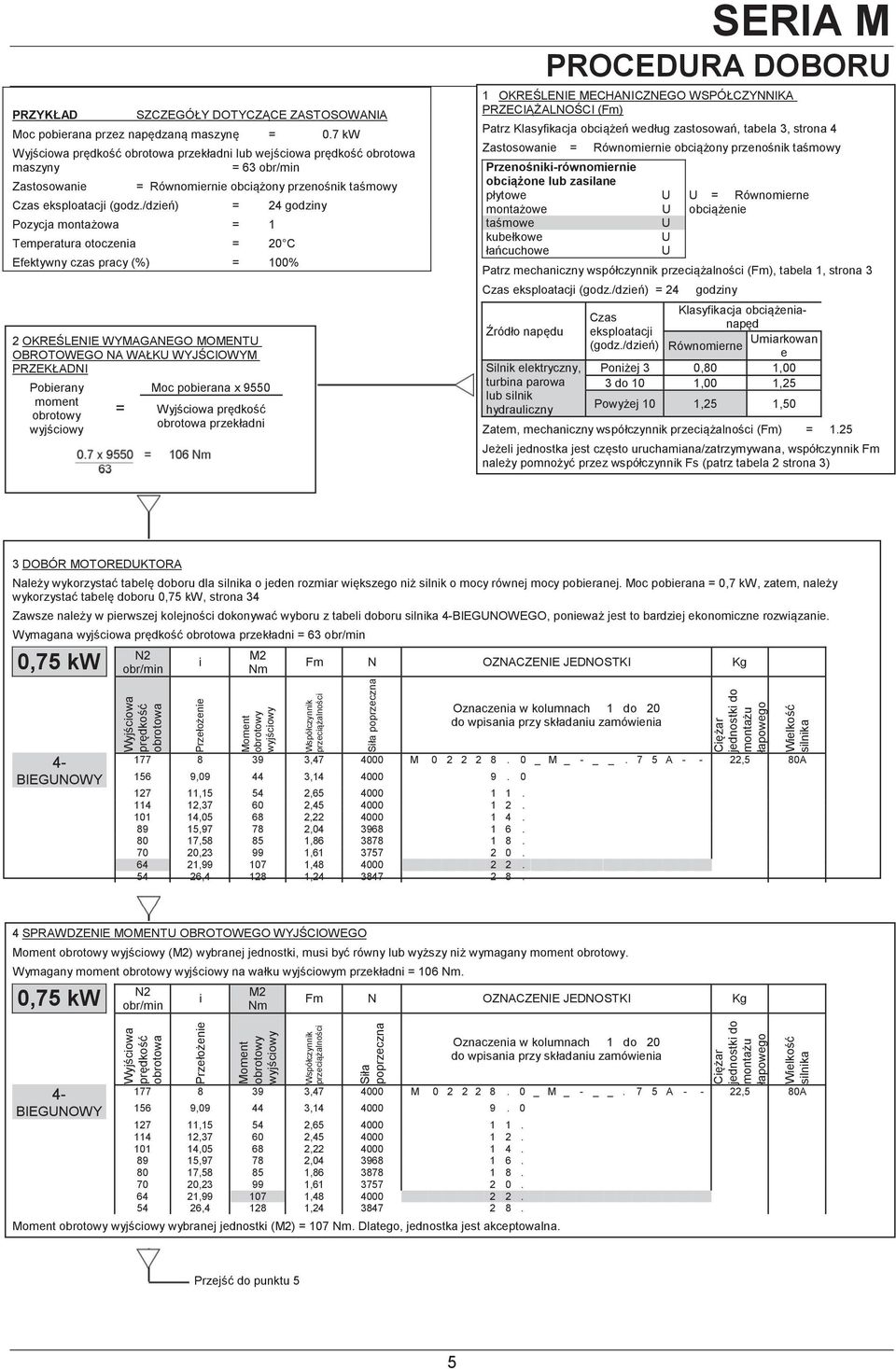/dzeń) = 24 godzny Pozycja montażowa = 1 Temperatura otoczena = 20 C Efektywny czas pracy (%) = 100% 2OKREŚLENIE WYAGANEGO OENTU OBROTOWEGO NA WAŁKU WYJŚCIOWY PRZEKŁADNI Poberany moment obrotowy