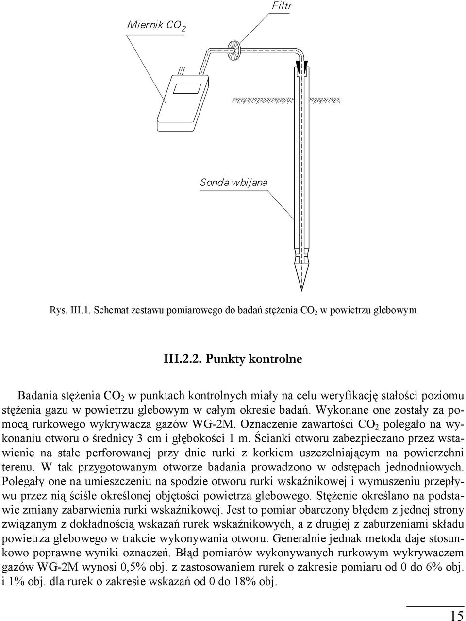Wykonane one zostały za pomocą rurkowego wykrywacza gazów WG-2M. Oznaczenie zawartości CO 2 polegało na wykonaniu otworu o średnicy 3 cm i głębokości 1 m.