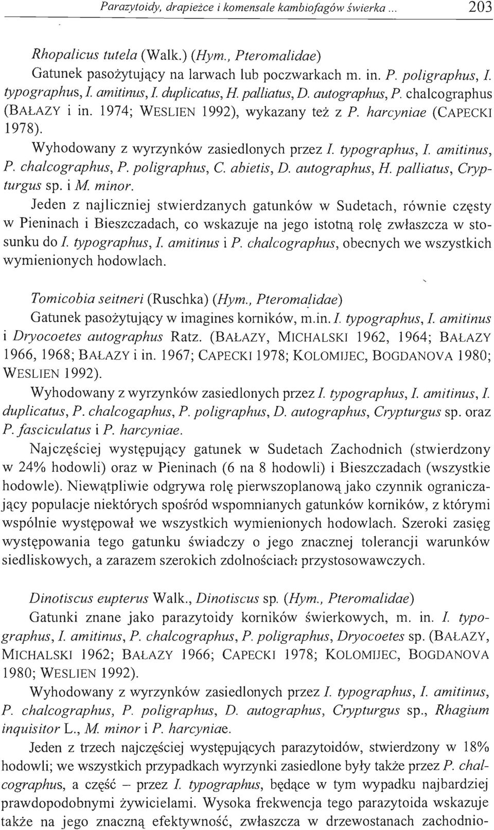 Wyhodowany z wyrzynków zasiedlonych przez 1. typographus, 1. amitinus, p. chalcographus, P. poligraphus, C. abietis, D. autographus, H. palliatus, Crypturgus sp. i M minor.