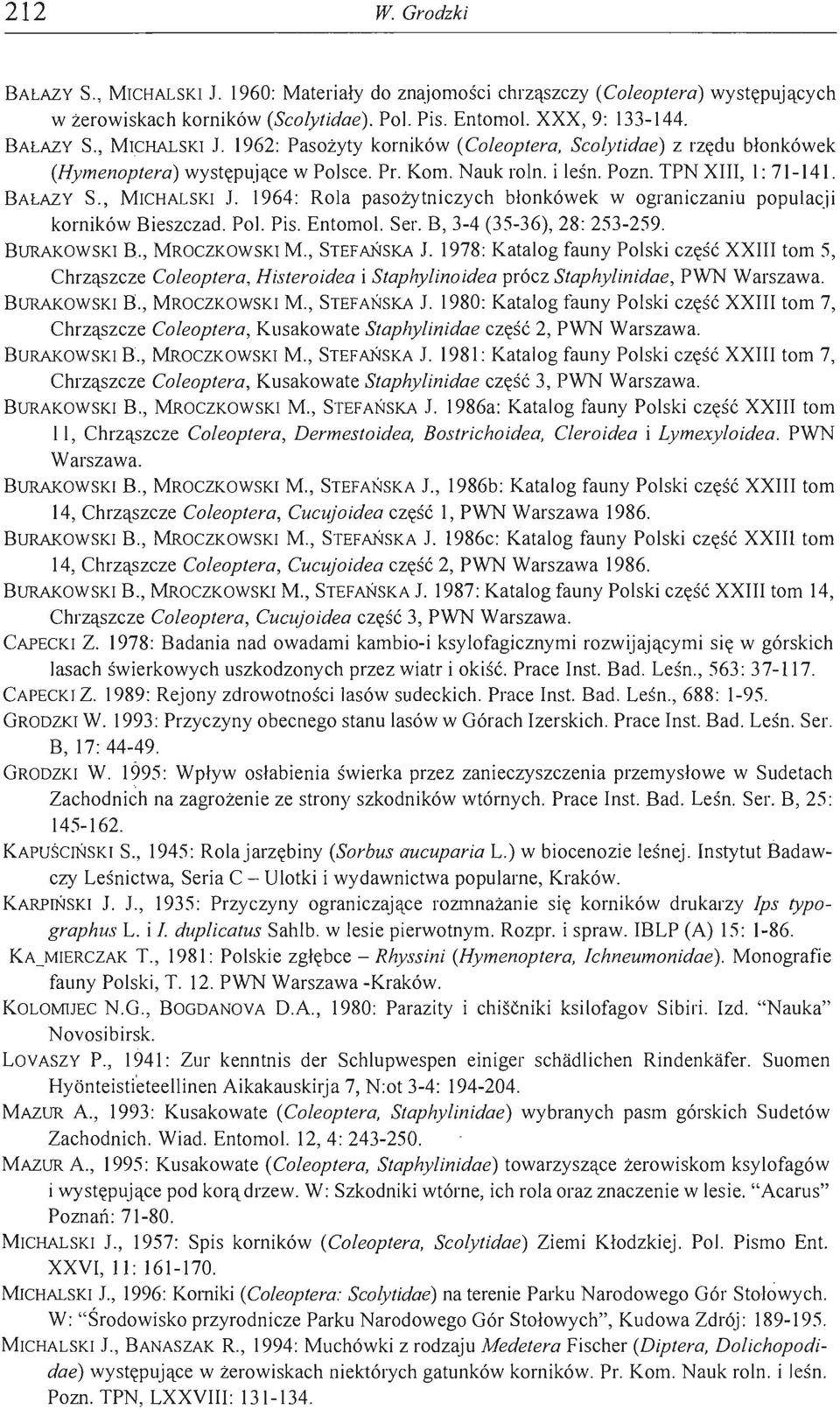 , MICHALSKI l 1964: Rola pasożytniczych błonkówek w ograniczaniu populacji korników Bieszczad. Pol. Piso Entomol. Ser. B, 3-4 (35-36),28: 253-259. BURAKOWSKI B,., MROCZKOWSKI M., STEFAŃSKA J.
