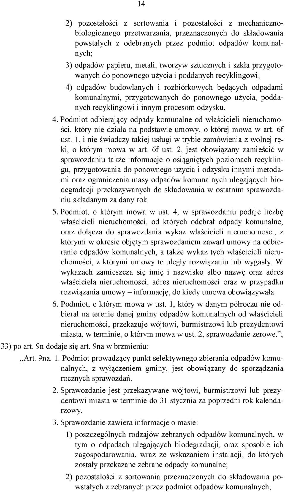 użycia, poddanych recyklingowi i innym procesom odzysku. 4. Podmiot odbierający odpady komunalne od właścicieli nieruchomości, który nie działa na podstawie umowy, o której mowa w art. 6f ust.