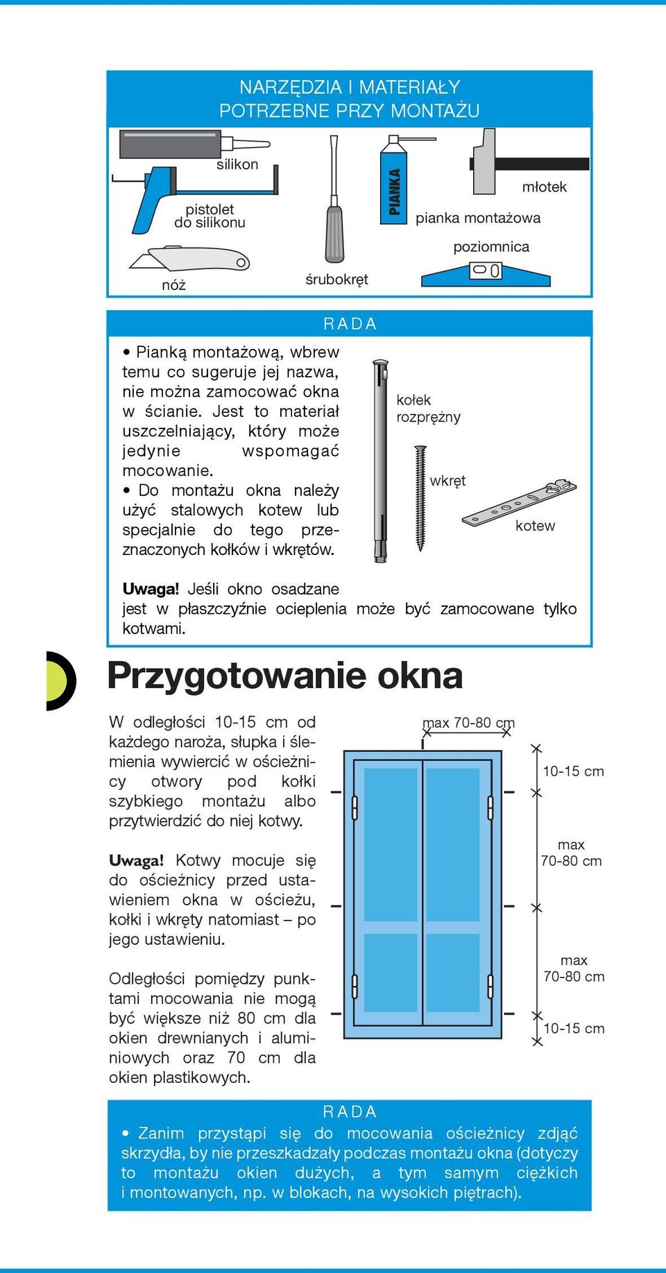 Do mon ta żu okna należy użyć stalowych ko tew lub specjalnie do tego przeznaczonych kołków i wkrętów. RADA kołek rozprężny wkręt kotew Uwaga!