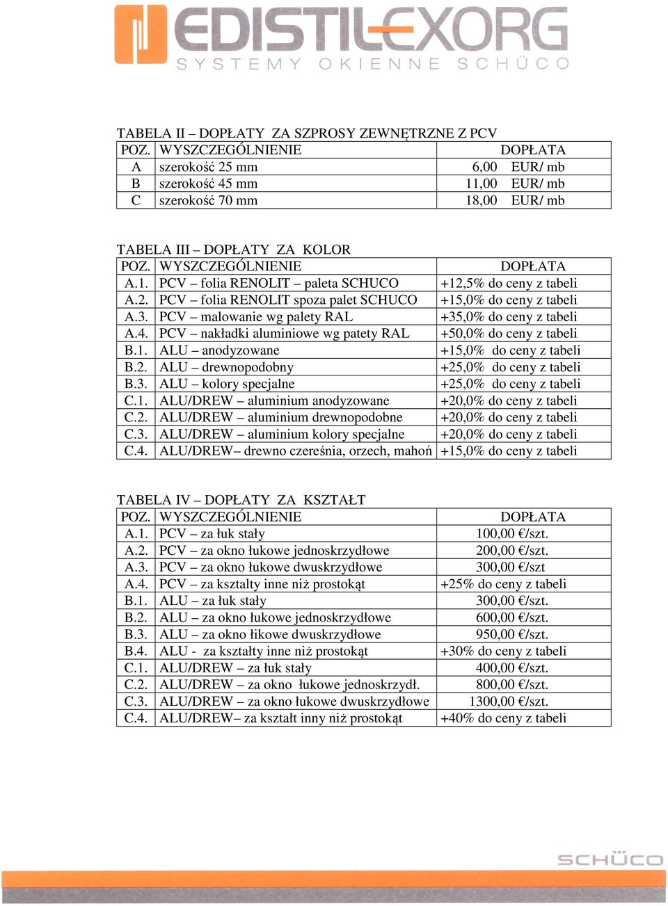 2. ALU drewnopodobny +25,0% do ceny z tabeli B.3. ALU kolory specjalne +25,0% do ceny z tabeli C.1. ALU/DREW aluminium anodyzowane +20,0% do ceny z tabeli C.2. ALU/DREW aluminium drewnopodobne +20,0% do ceny z tabeli C.