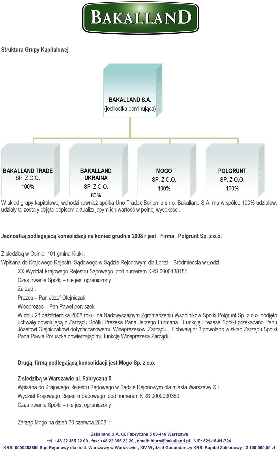 Jednostką podlegającą konsolidacji na koniec grudnia 2008 r jest Firma Polgrunt Sp. z o.o. Z siedzibą w Osinie 101 gmina Kluki.