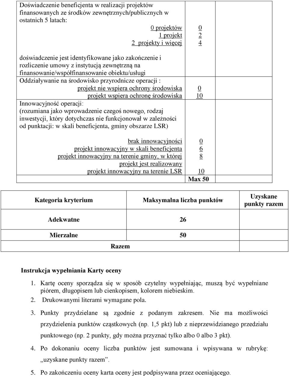 projekt wspiera ochronę środowiska Innowacyjność operacji: (rozumiana jako wprowadzenie czegoś nowego, rodzaj inwestycji, który dotychczas nie funkcjonował w zależności od punktacji: w skali