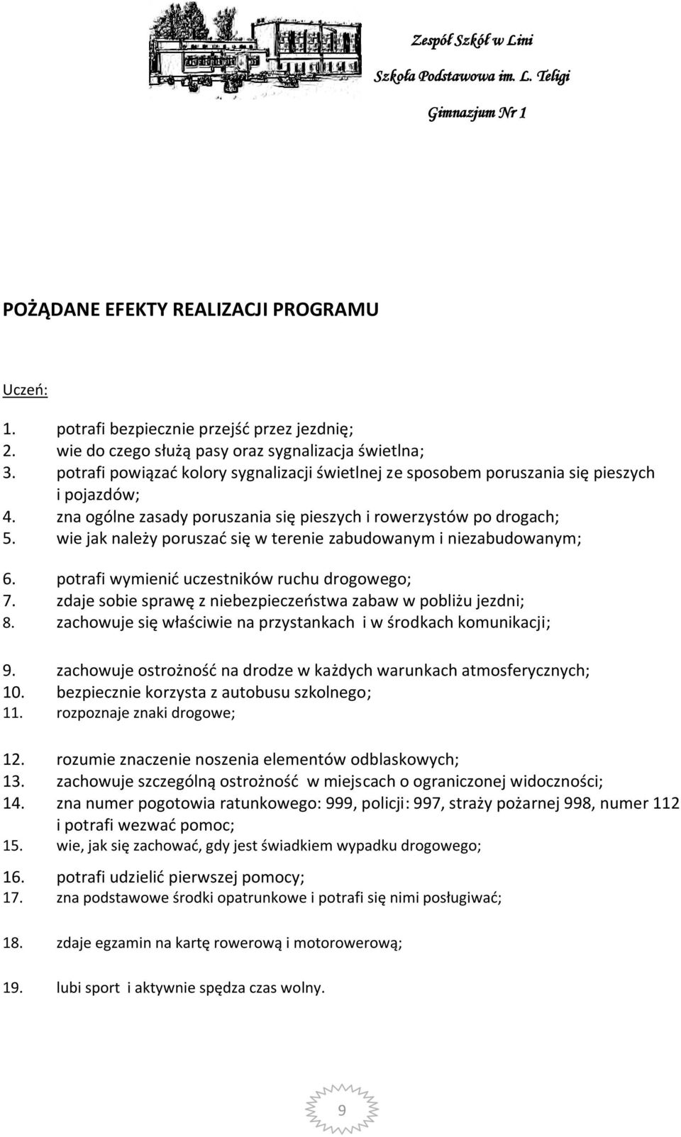 wie jak należy poruszać się w terenie zabudowanym i niezabudowanym; 6. potrafi wymienić uczestników ruchu drogowego; 7. zdaje sobie sprawę z niebezpieczeństwa zabaw w pobliżu jezdni; 8.