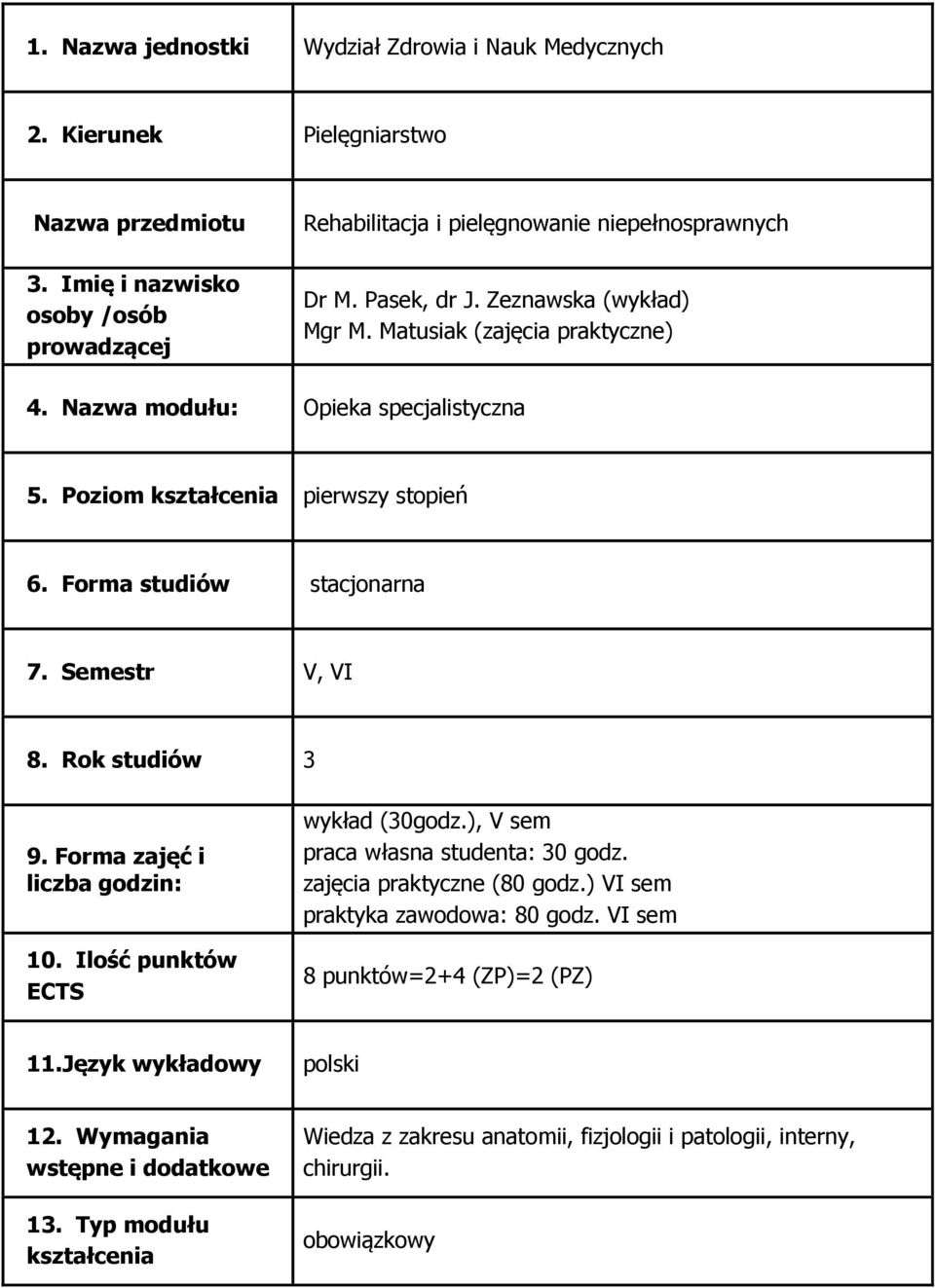 Rok studiów 3 9. Forma zajęć i liczba godzin: 10. Ilość punktów ECTS wykład (30godz.), V sem praca własna studenta: 30 godz. zajęcia praktyczne (80 godz.) VI sem praktyka zawodowa: 80 godz.