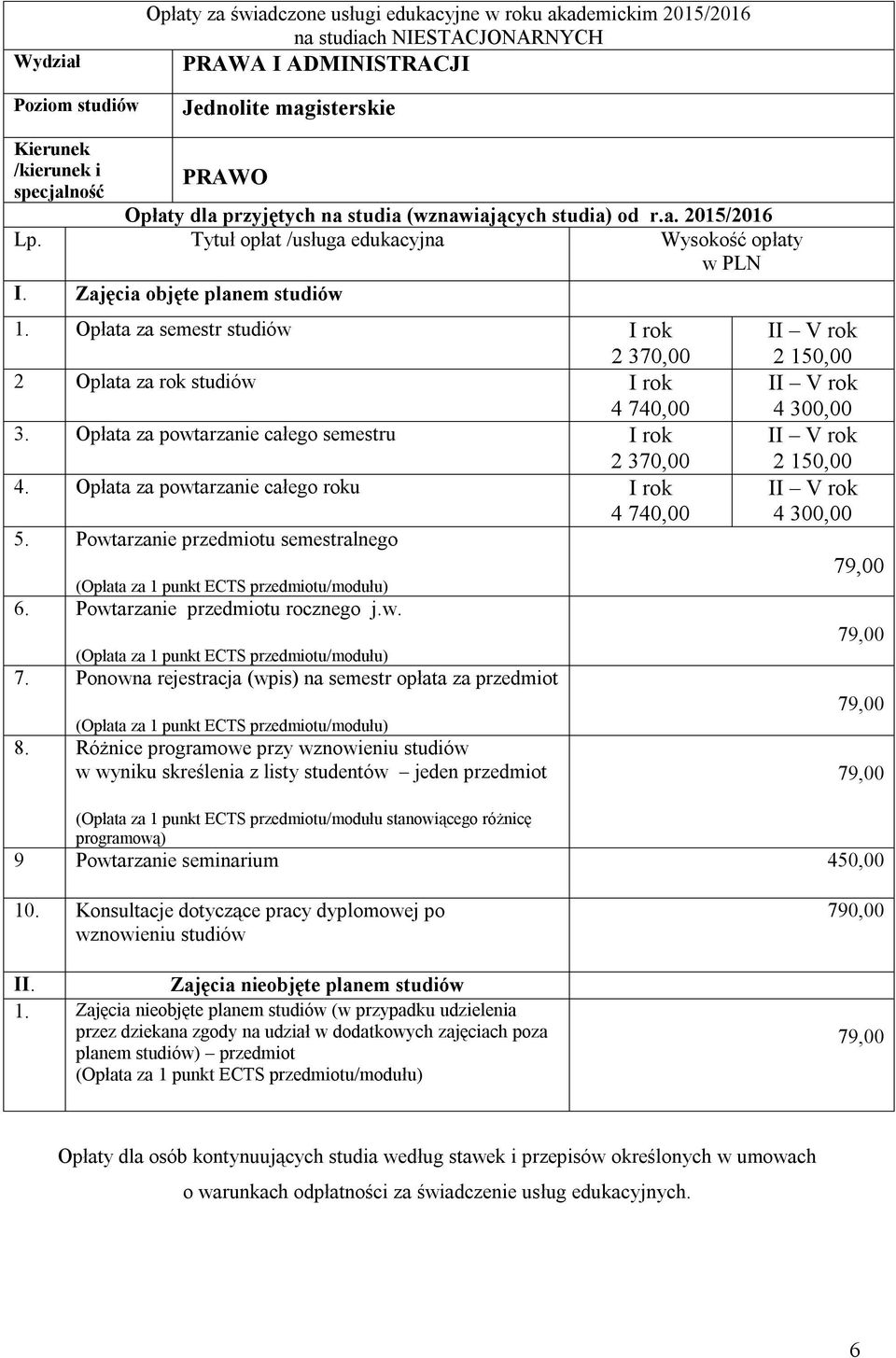 Powtarzanie przedmiotu semestralnego 6. Powtarzanie przedmiotu rocznego j.w. 7. Ponowna rejestracja (wpis) na semestr opłata za przedmiot 8.