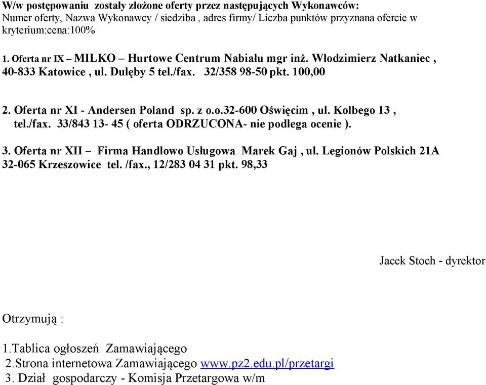 32/358 98-50 pkt. 100,00 2. Oferta nr XI - Andersen Poland sp. z o.o.32-600 Oświęcim, ul. Kolbego 13, tel./fax.