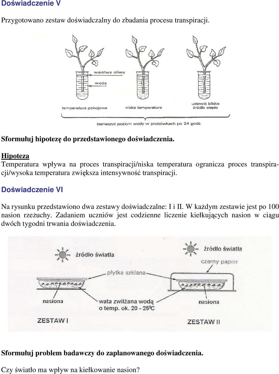 Doświadczenie VI Na rysunku przedstawiono dwa zestawy doświadczalne: I i II. W kaŝdym zestawie jest po 100 nasion rzeŝuchy.