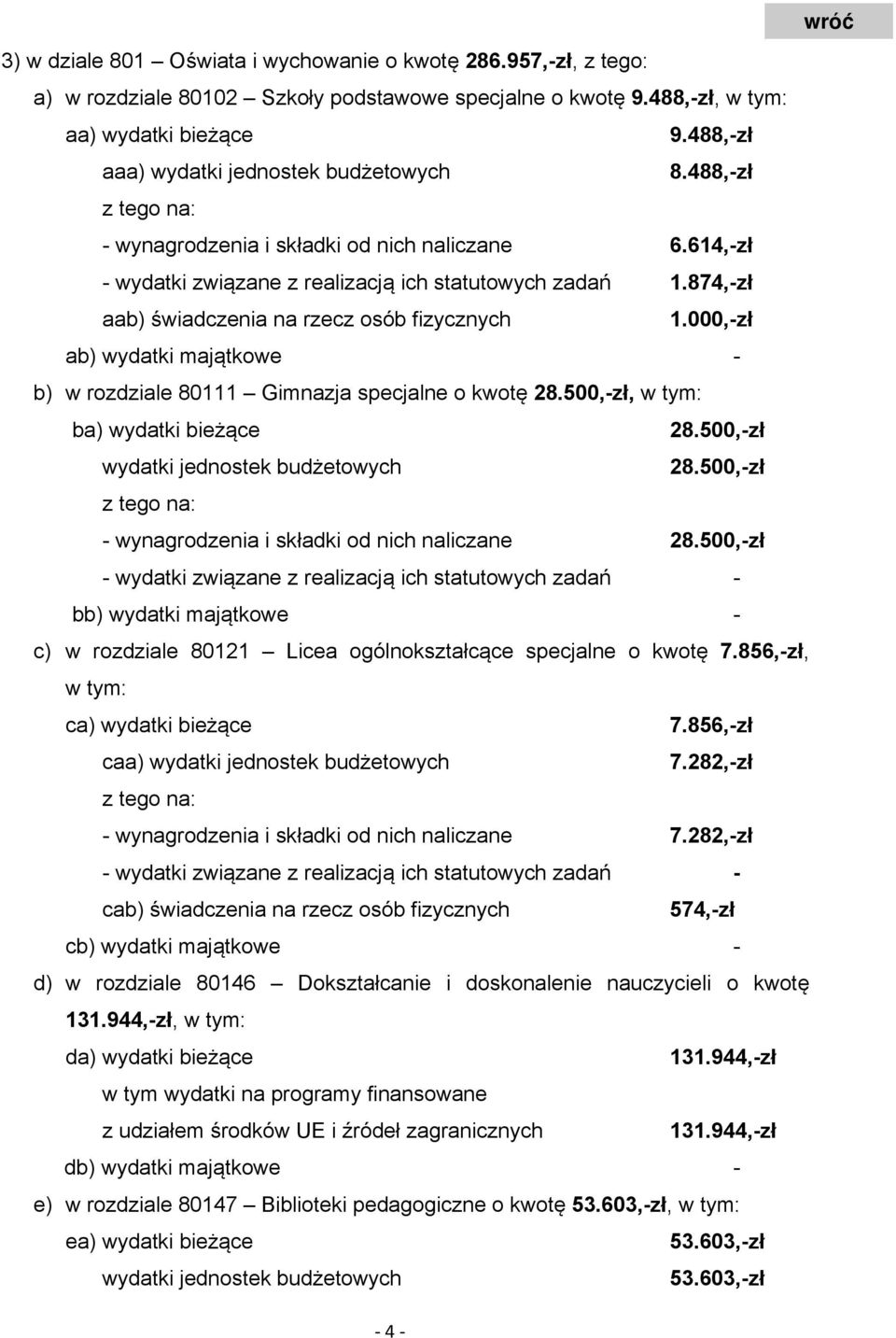 874,-zł aab) świadczenia na rzecz osób fizycznych 1.000,-zł ab) wydatki majątkowe - b) w rozdziale 80111 Gimnazja specjalne o kwotę 28.500,-zł, w tym: ba) wydatki bieżące 28.