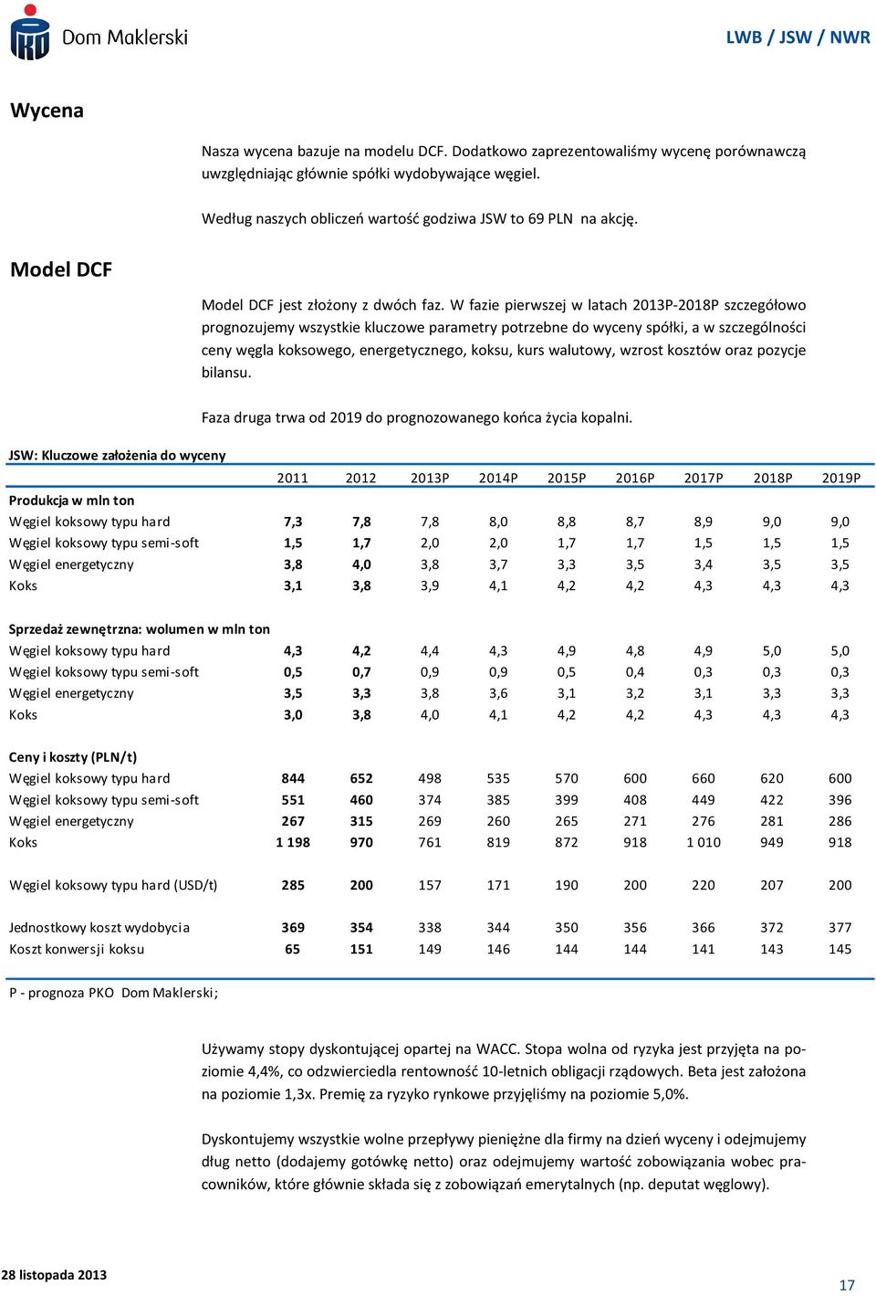 W fazie pierwszej w latach 2013P-2018P szczegółowo prognozujemy wszystkie kluczowe parametry potrzebne do wyceny spółki, a w szczególności ceny węgla koksowego, energetycznego, koksu, kurs walutowy,