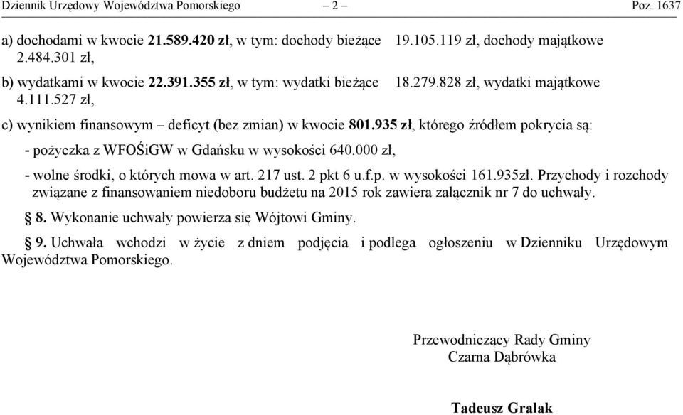 935 zł, którego źródłem pokrycia są: - pożyczka z WFOŚiGW w Gdańsku w wysokości 64. zł, - wolne środki, o których mowa w art. 217 ust. 2 pkt 6 u.f.p. w wysokości 161.935zł.