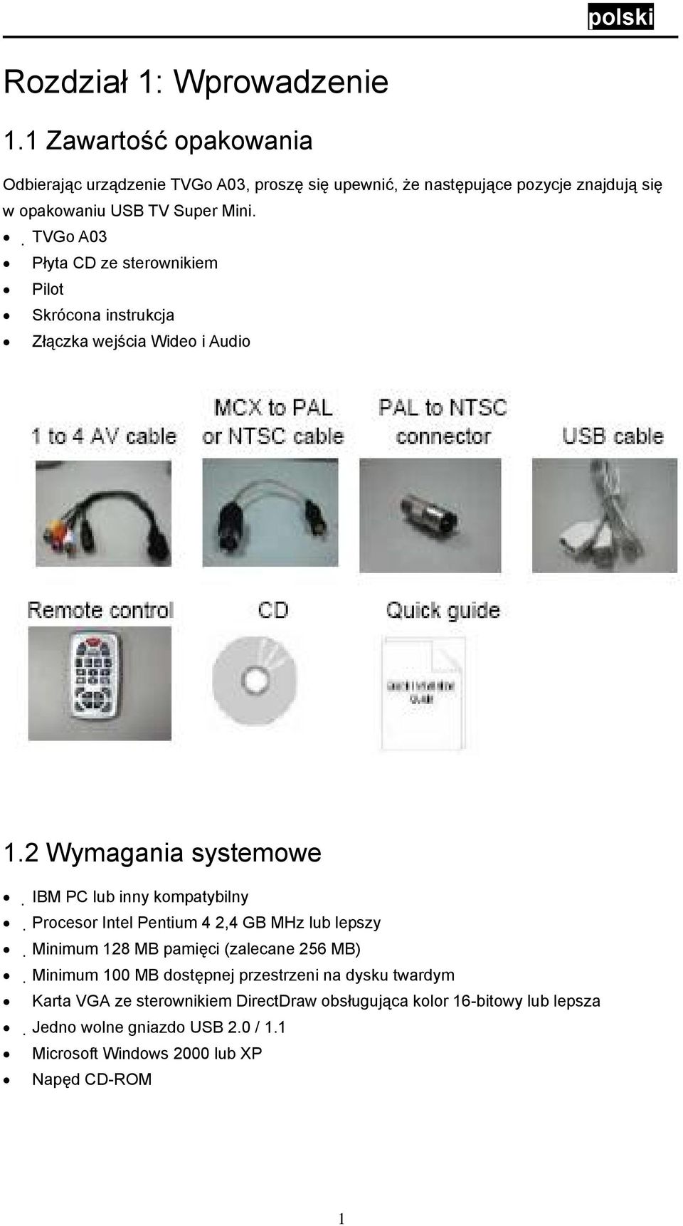 TVGo A03 Płyta CD ze sterownikiem Pilot Skrócona instrukcja Złączka wejścia Wideo i Audio 1.