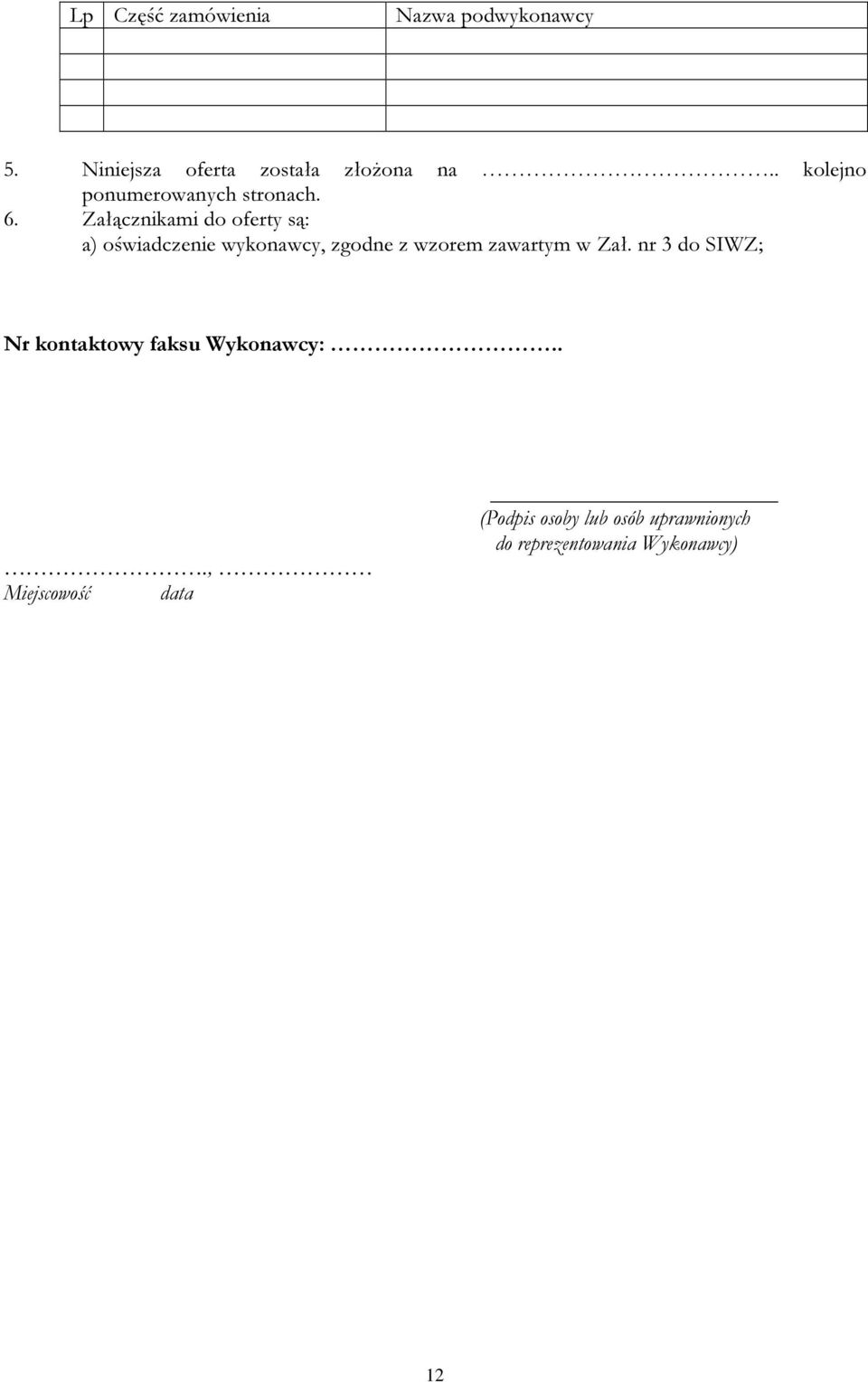 Załącznikami do oferty są: a) oświadczenie wykonawcy, zgodne z wzorem zawartym w