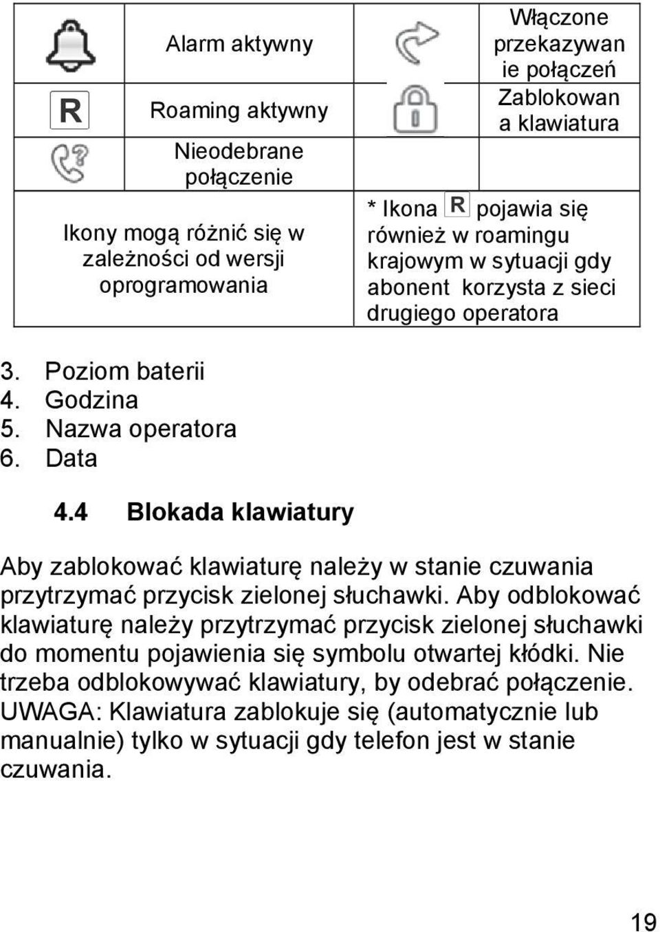 4 Blokada klawiatury Aby zablokować klawiaturę należy w stanie czuwania przytrzymać przycisk zielonej słuchawki.