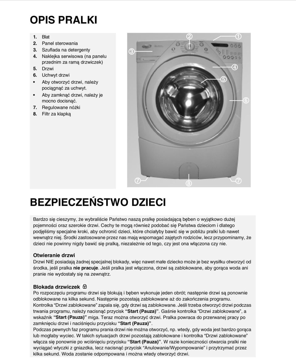 Filtr za klapką 3 2 5 4 1 6 BEZPIECZEŃSTWO DZIECI 7 8 7 Bardzo się cieszymy, że wybraliście Państwo naszą pralkę posiadającą bęben o wyjątkowo dużej pojemności oraz szerokie drzwi.