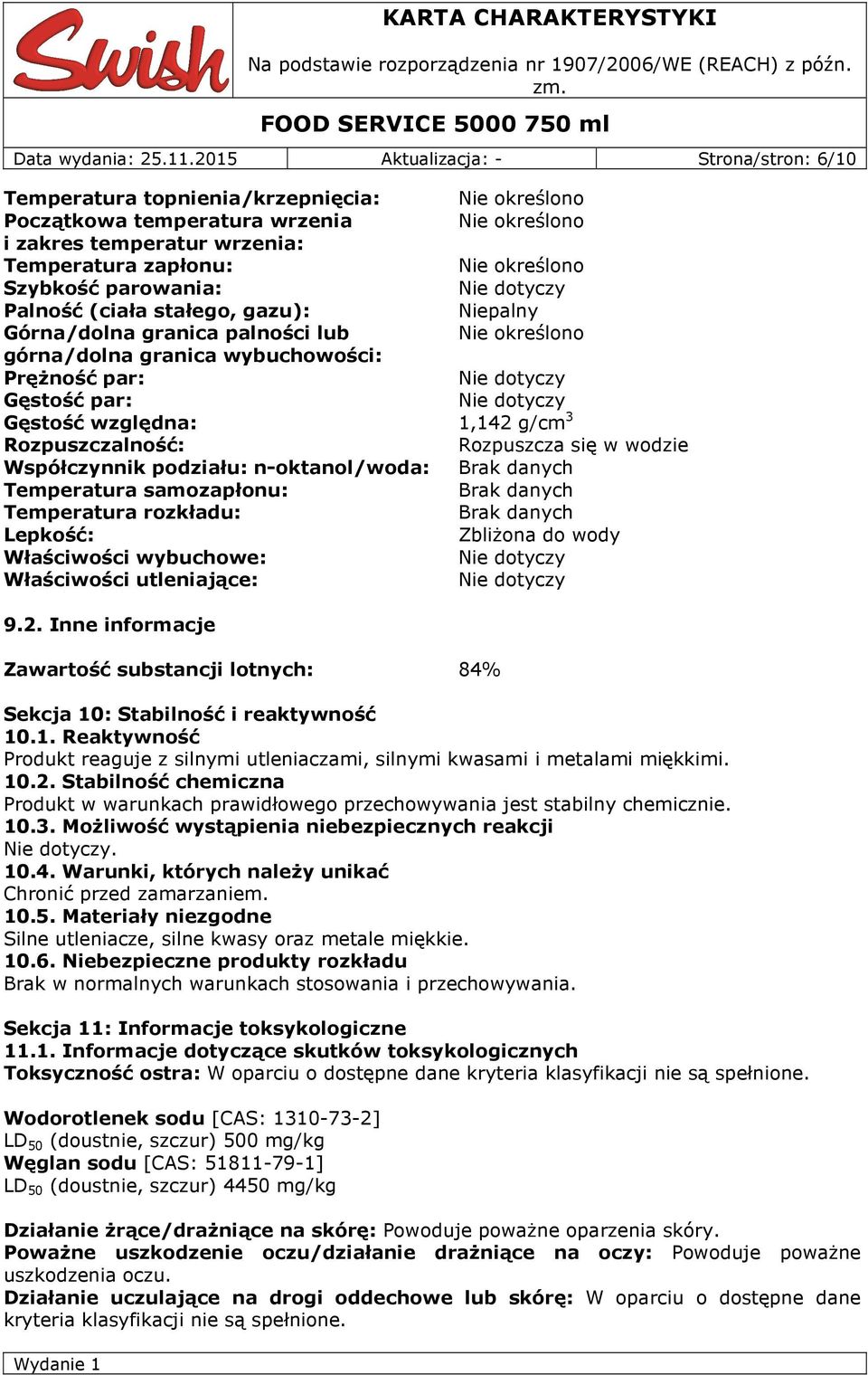 Szybkość parowania: Nie dotyczy Palność (ciała stałego, gazu): Niepalny Górna/dolna granica palności lub Nie określono górna/dolna granica wybuchowości: Prężność par: Nie dotyczy Gęstość par: Nie