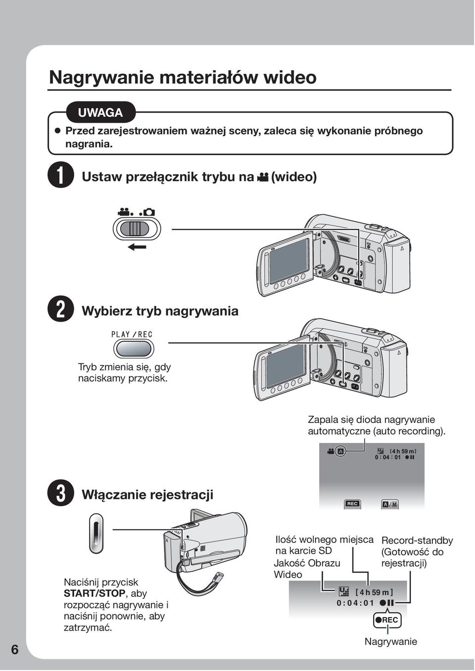 Zapala się dioda nagrywanie automatyczne (auto recording).