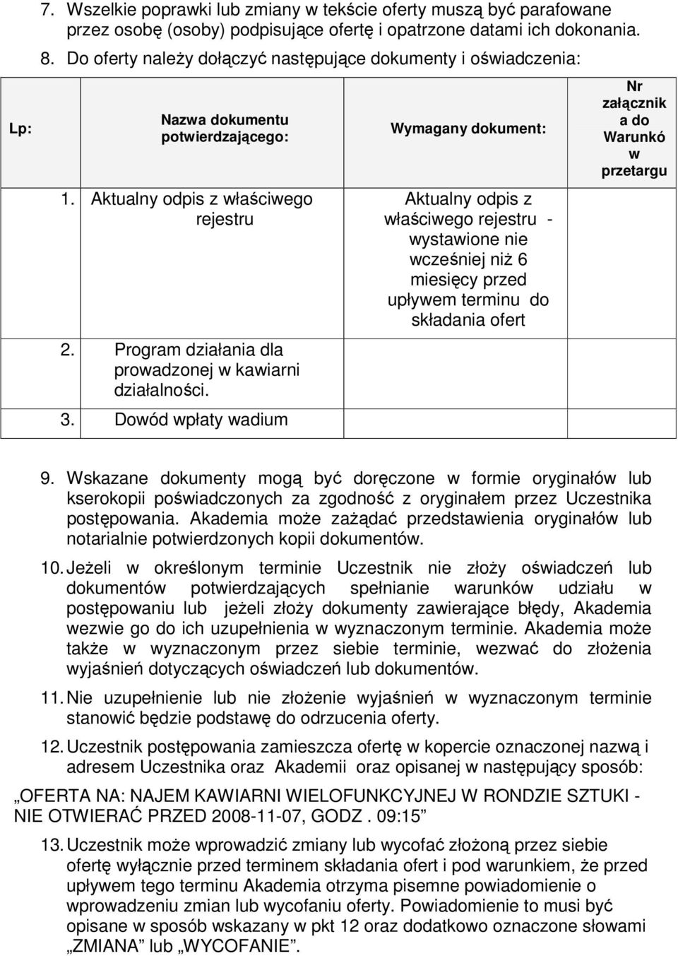 3. Dowód wpłaty wadium Wymagany dokument: Aktualny odpis z właściwego rejestru - wystawione nie wcześniej niż 6 miesięcy przed upływem terminu do składania ofert Nr załącznik a do Warunkó w przetargu