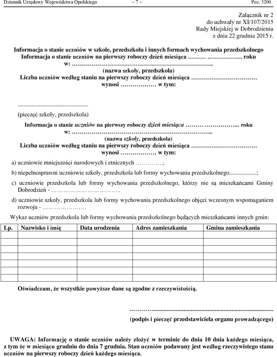 . (nazwa szkoły, przedszkola) Liczba uczniów według staniu na pierwszy roboczy dzień miesiąca wynosi w tym:.