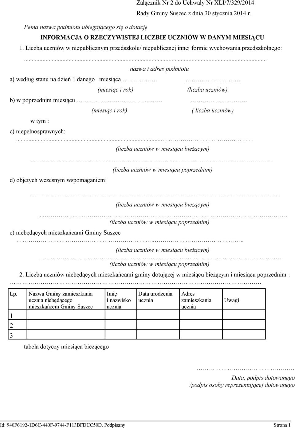 .. nazwa i adres podmiotu a) według stanu na dzień 1 danego miesiąca (miesiąc i rok) (liczba uczniów) b) w poprzednim miesiącu. w tym : (miesiąc i rok) ( liczba uczniów) c) niepełnosprawnych:.