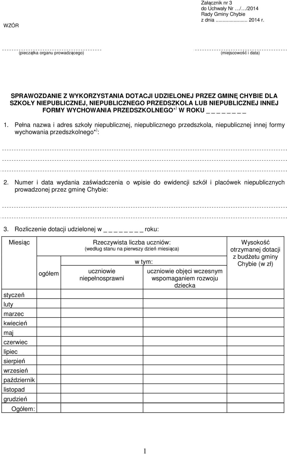 FORMY WYCHOWANIA PRZEDSZKOLNEGO* ) W ROKU 1. Pełna nazwa i adres szkoły niepublicznej, niepublicznego przedszkola, niepublicznej innej formy wychowania przedszkolnego* ) : 2.