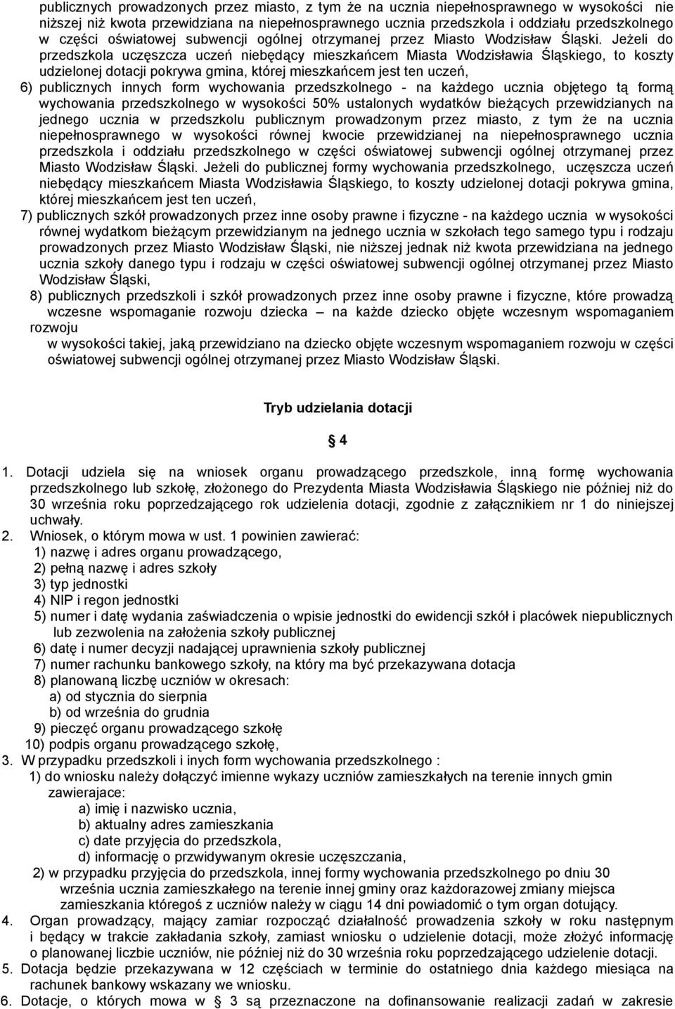 Jeżeli do przedszkola uczęszcza uczeń niebędący mieszkańcem Miasta Wodzisławia Śląskiego, to koszty udzielonej dotacji pokrywa gmina, której mieszkańcem jest ten uczeń, 6) publicznych innych form