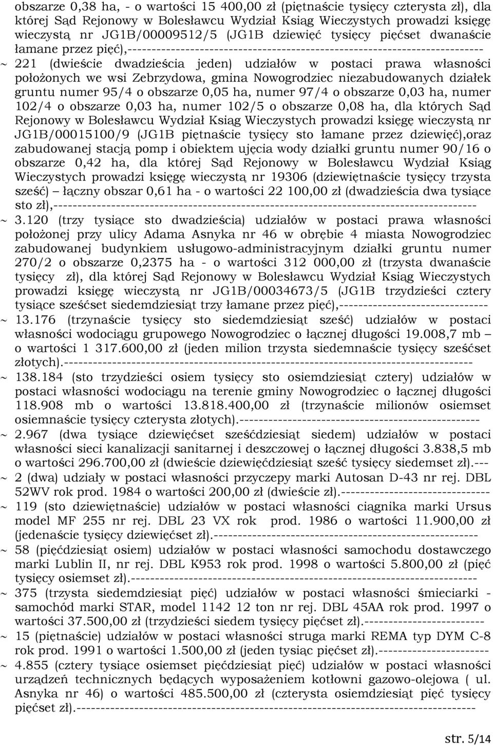 położonych we wsi Zebrzydowa, gmina Nowogrodziec niezabudowanych działek gruntu numer 95/4 o obszarze 0,05 ha, numer 97/4 o obszarze 0,03 ha, numer 102/4 o obszarze 0,03 ha, numer 102/5 o obszarze