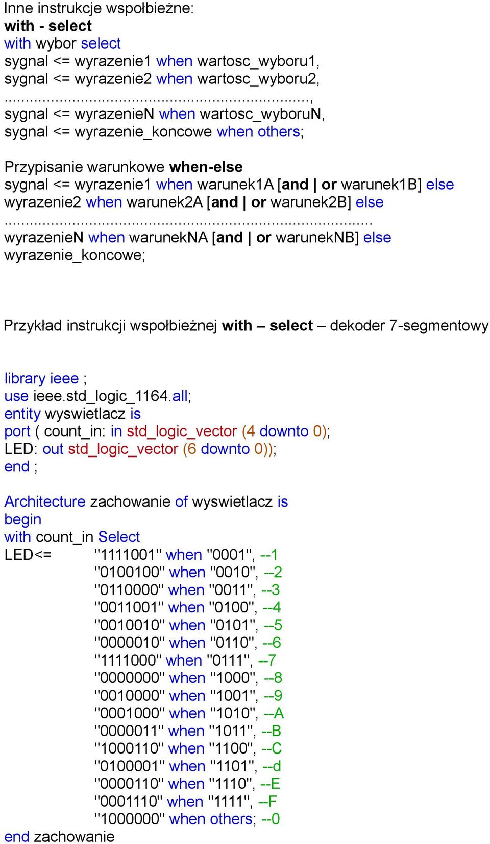 warunek2a [and or warunek2b] else... wyrazenien when warunekna [and or waruneknb] else wyrazenie_koncowe; Przykład instrukcji wspołbieżnej with select dekoder 7-segmentowy library ieee ; use ieee.