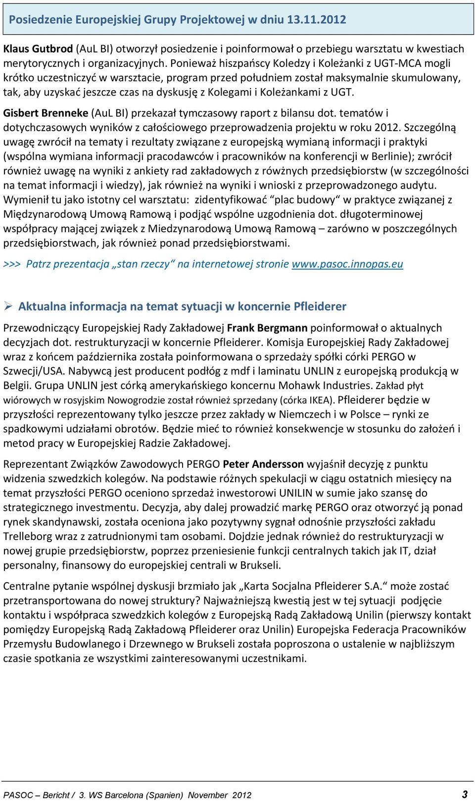 i Koleżankami z UGT. Gisbert Brenneke (AuL BI) przekazał tymczasowy raport z bilansu dot. tematów i dotychczasowych wyników z całościowego przeprowadzenia projektu w roku 2012.