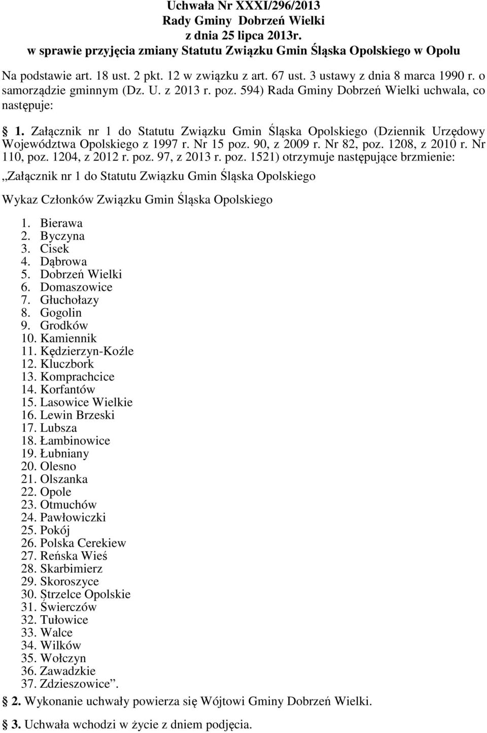Załącznik nr 1 do Statutu Związku Gmin Śląska Opolskiego (Dziennik Urzędowy Województwa Opolskiego z 1997 r. Nr 15 poz. 90, z 2009 r. Nr 82, poz. 1208, z 2010 r. Nr 110, poz. 1204, z 2012 r. poz. 97, z 2013 r.