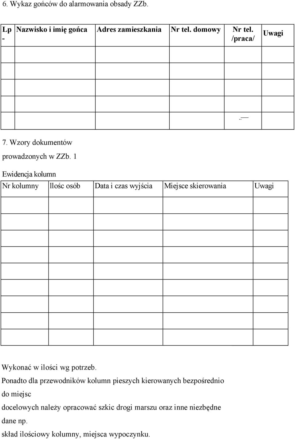1 Ewidencja kolumn Nr kolumny llośc osób Data i czas wyjścia Miejsce skierowania Uwagi Wykonać w ilości wg potrzeb.