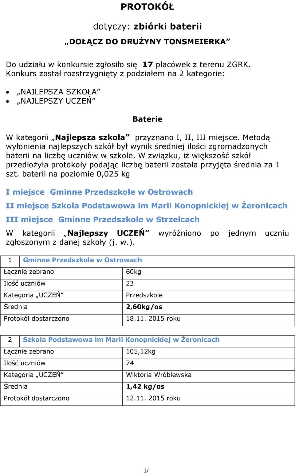 Metodą wyłonienia najlepszych szkół był wynik średniej ilości zgromadzonych baterii na liczbę uczniów w szkole.