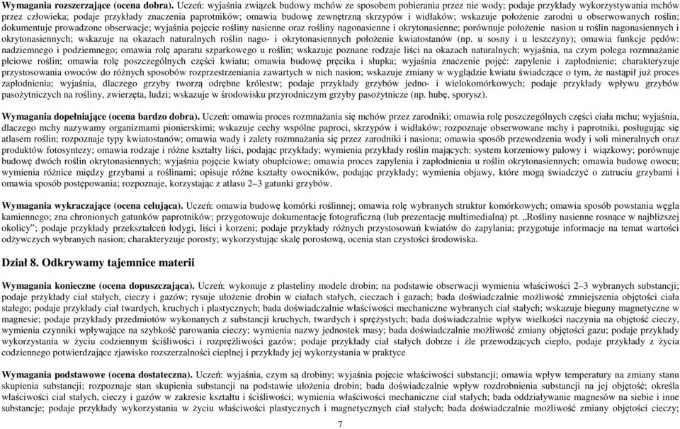 skrzypów i widłaków; wskazuje położenie zarodni u obserwowanych roślin; dokumentuje prowadzone obserwacje; wyjaśnia pojęcie rośliny nasienne oraz rośliny nagonasienne i okrytonasienne; porównuje