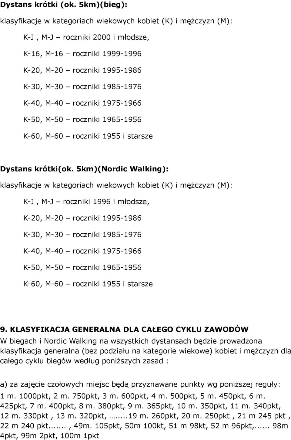 K-40, M-40 roczniki 1975-1966 K-50, M-50 roczniki 1965-1956 K-60, M-60 roczniki 1955 i starsze Dystans krótki(ok.