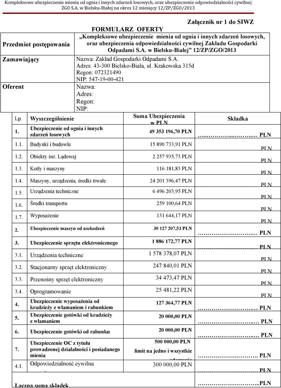 /ZP/ZGO/2013 Przedmiot postępowania Zamawiający Oferent Lp. 1.